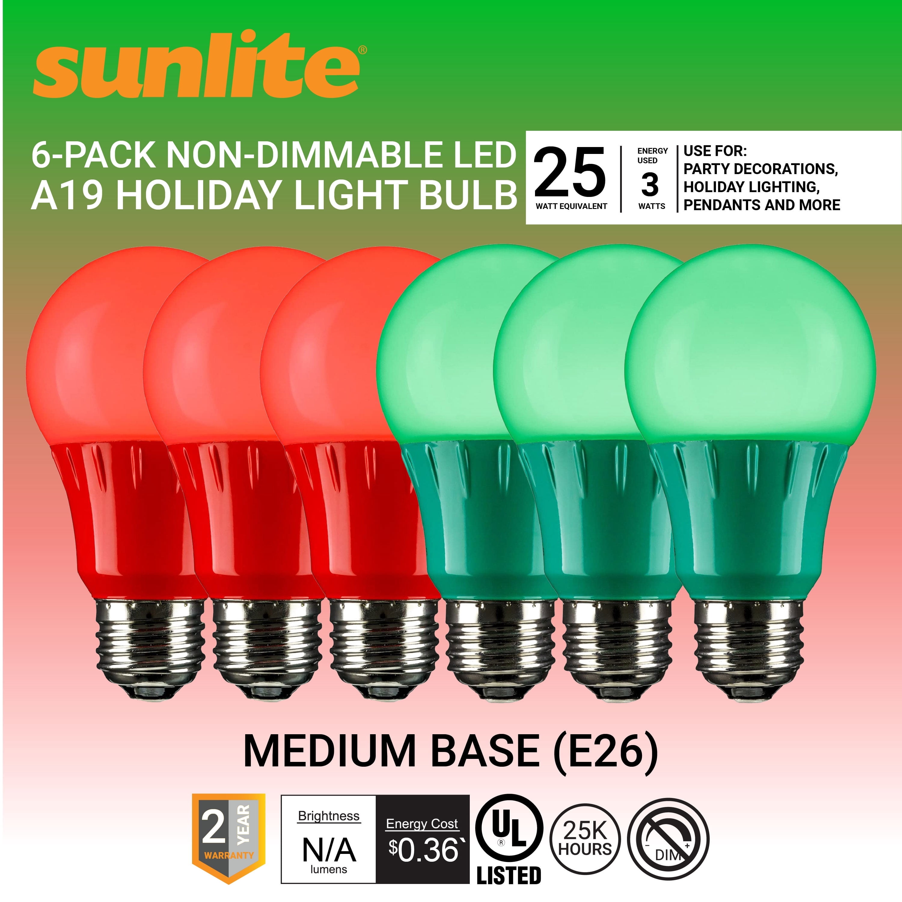 Sunlite LED A19 Decorative Christmas Holiday Light Bulbs, Medium Base, 3 Watt, Red and Green, 6 Pack