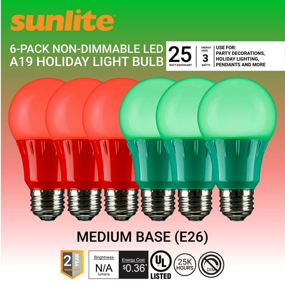 Sunlite LED A19 Decorative Christmas Holiday Light Bulbs, Medium Base, 3 Watt, Red and Green, 6 Pack