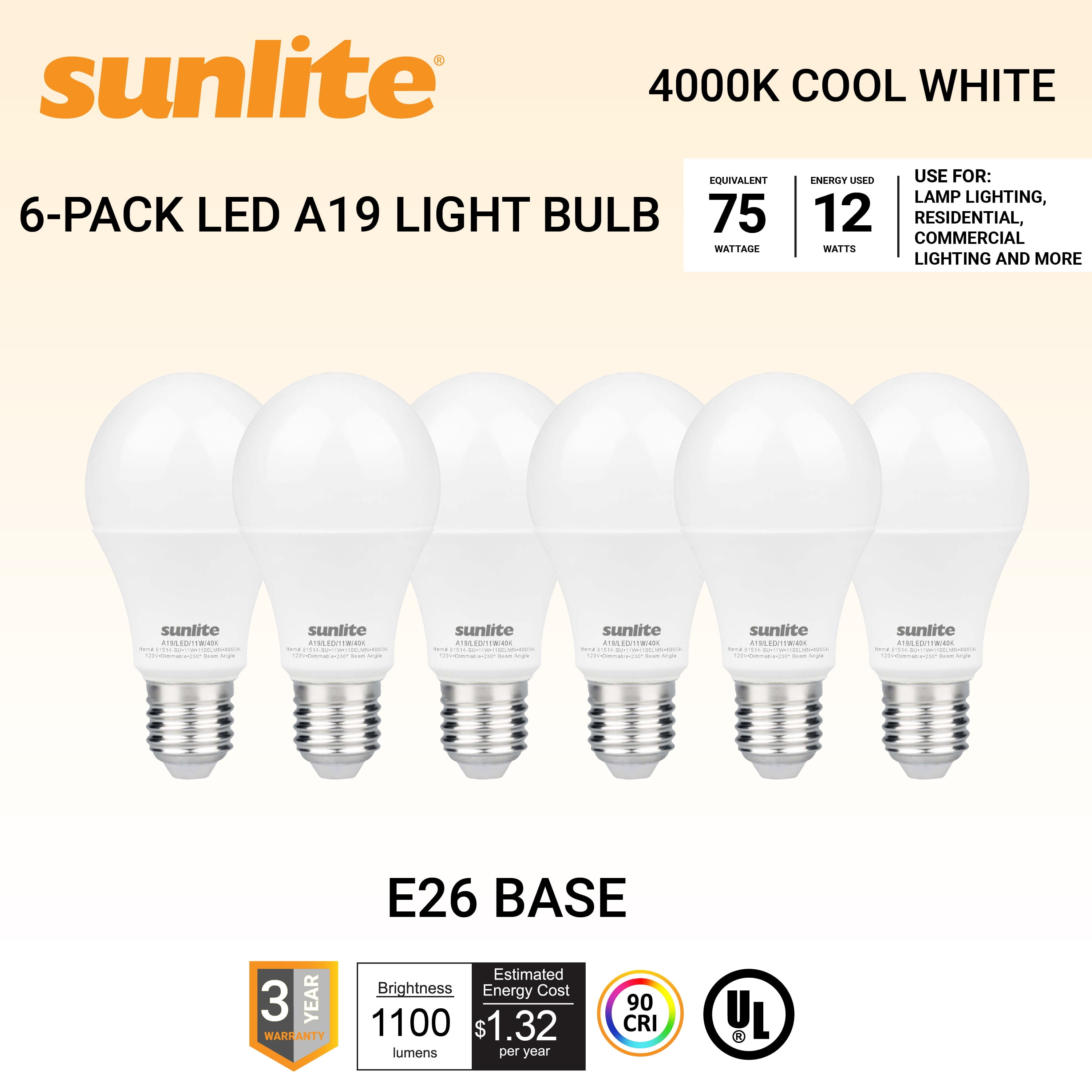 Sunshine Lighting B3166934 Sunlite LED A19 Light Bulb - E26 Base