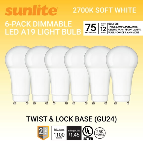 Sunlite LED A19 Light Bulb, 12 Watts (75W Equivalent), GU24 Twist and Lock Base, Dimmable,UL Listed, 2700K Warm White, 6-Pack