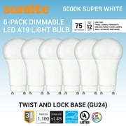 Sunlite LED A19 Light Bulb, 12 Watts (75W Equivalent), GU24 Twist and Lock Base, Dimmable,UL Listed, 5000K Super White, 6-Pack
