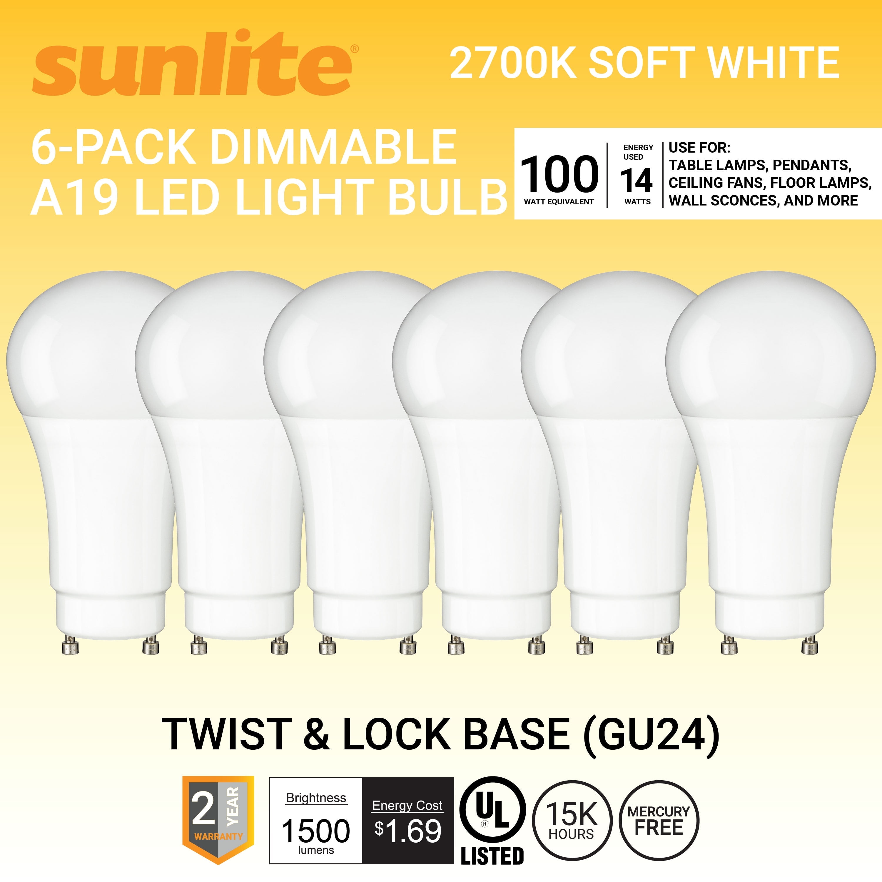 Sunlite LED A19, 14W (100W Eq.), GU24 Base, Dimmable, 2700K Warm White ...