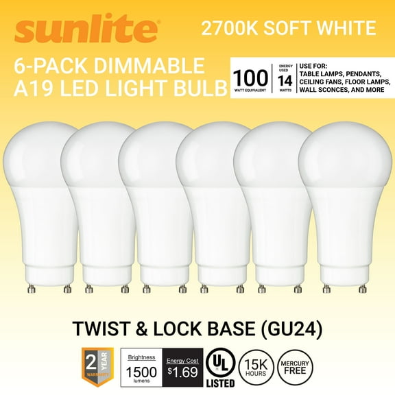 Sunlite LED A19 Light Bulb, 14 Watts (100W Equivalent), GU24 Twist and Lock Base, Dimmable,UL Listed, 2700K Warm White, 6-Pack