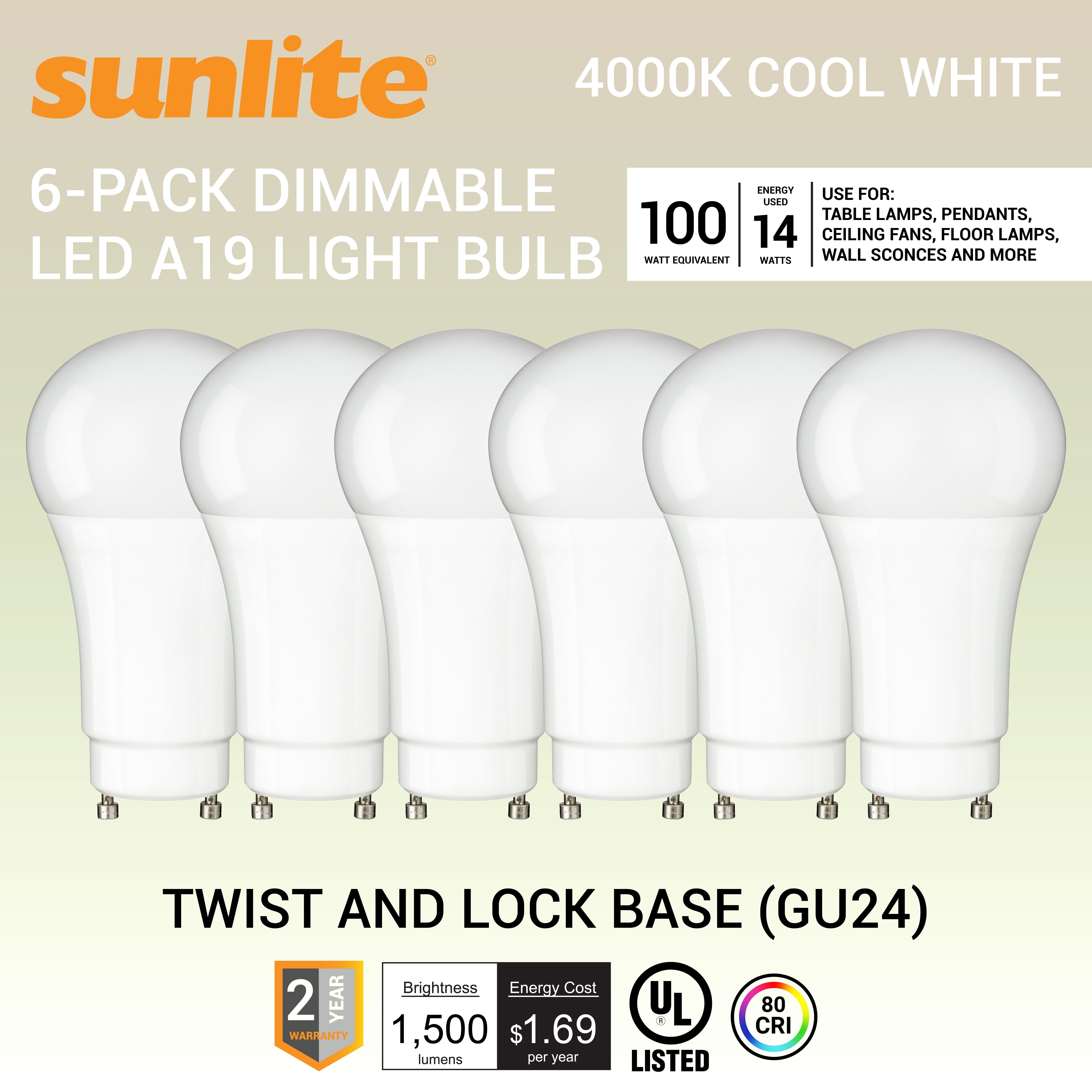 Sunlite LED A19 Light Bulb, 14 Watts (100W Equivalent), GU24 Twist and Lock Base, Dimmable,UL Listed, 4000K Cool White, 6-Pack