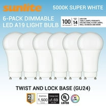 Sunlite LED A19 Light Bulb, 14 Watts (100W Equivalent), GU24 Twist and Lock Base, Dimmable,UL Listed, 5000K Super White, 6-Pack