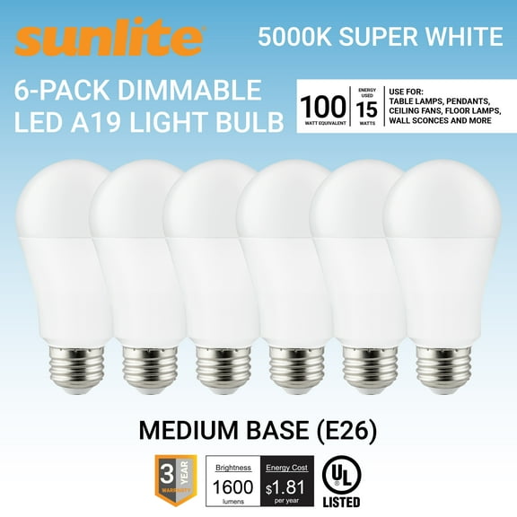 Sunlite LED A19 Light Bulb, 15 Watts (100W Equivalent), 1600 Lumens, Medium E26 Base, Dimmable, UL Listed, Frost, 5000K Daylight, 6 Pack