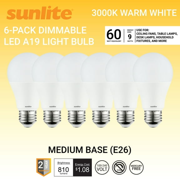 Sunlite LED A19 Light Bulb, 9 Watts (60W Equivalent), 810 Lumens, Medium E26 Base, 100-240 Multi-Volt, Non-Dimmable, Frost Glass, 3000K Warm White, 6 Pack