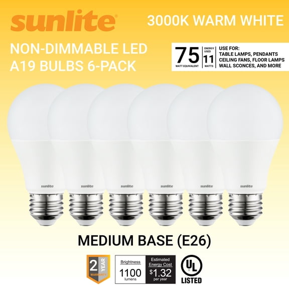 Sunlite LED A19 Light Bulbs, 11 Watts (75W Equivalent), Medium Base (E26), Non-Dimmable, Frost, UL Listed, 3000K - Warm White 6-Pack