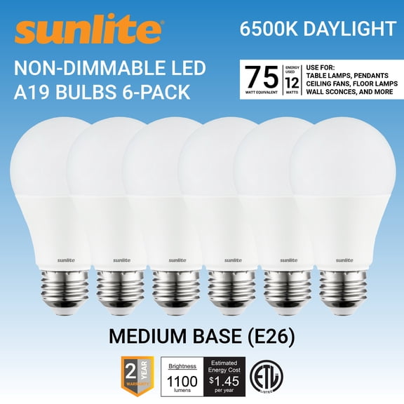 Sunlite LED A19 Light Bulbs, 12 Watts (75W Equivalent), Medium Base (E26), Non-Dimmable, Frost, ETL Listed, 6500K - Daylight 6-Pack