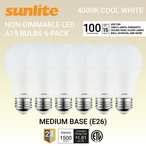 Sunlite LED A19 Light Bulbs, 15 Watts (100W Equivalent), 120V, 1500 Lumens, Standard E26 Base, Non-Dimmable, 220 Degree Beam Angle, ETL Listed, 4000K Cool White, 6 Pack