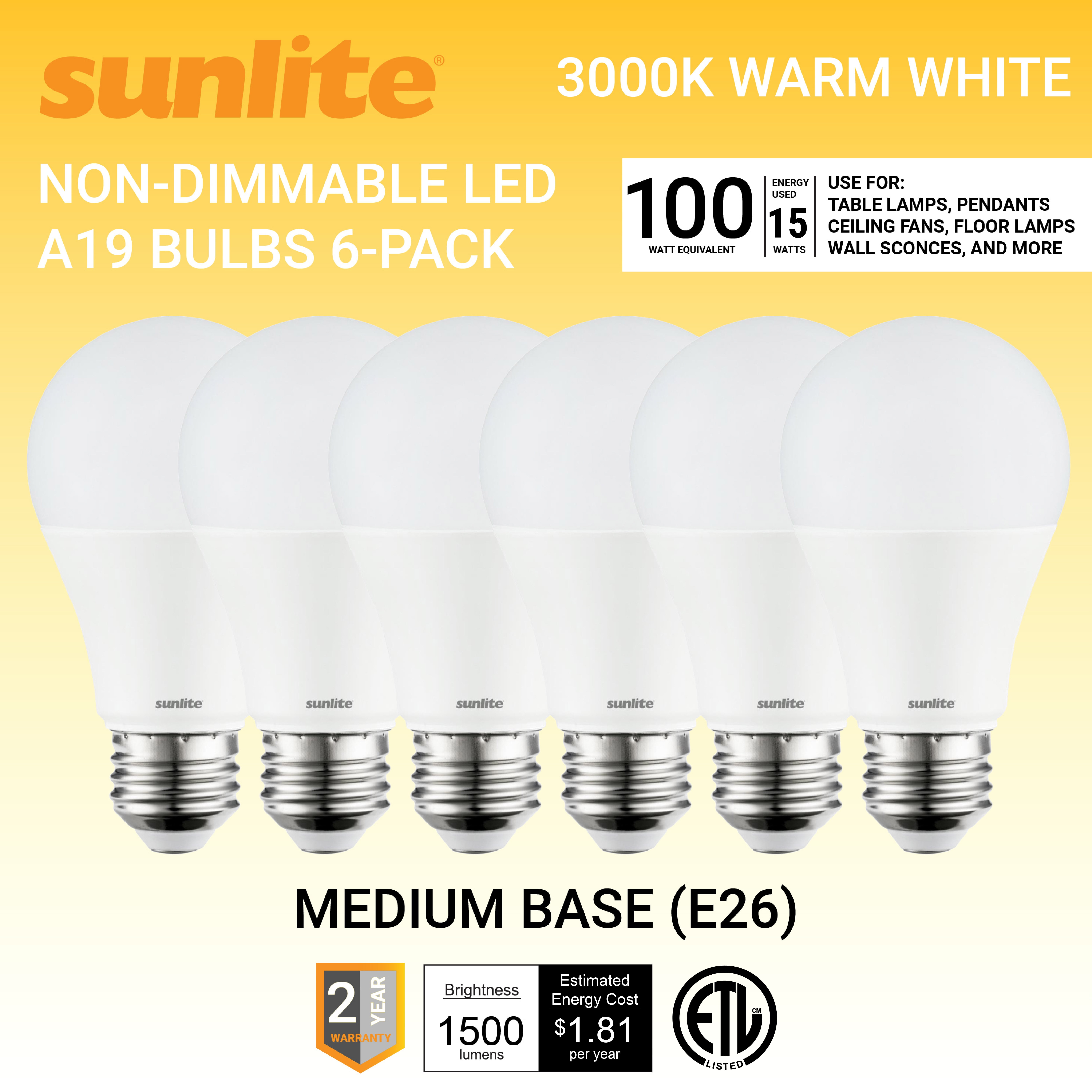 Sunlite LED A19 Light Bulbs, 15 Watts (100W Equivalent), Medium Base (E26), Non-Dimmable, Frost, ETL Listed, 3000K - Warm White 6-Pack