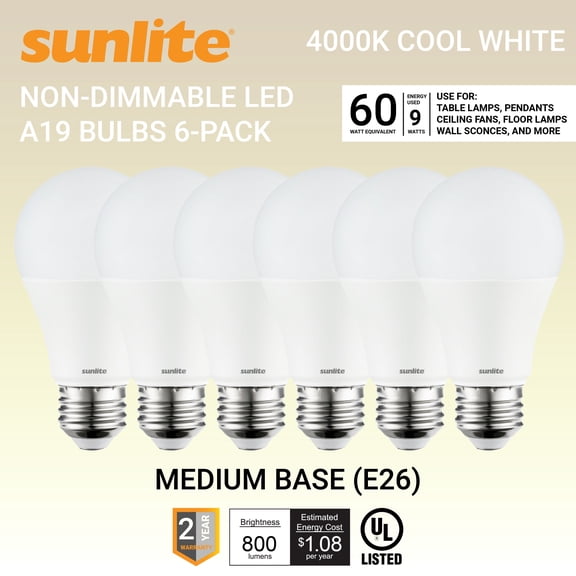 Sunlite LED A19 Light Bulbs, 9 Watts (60W Equivalent), Medium Base (E26), Non-Dimmable, Frost, UL Listed, 4000K Cool White, 6-Pack