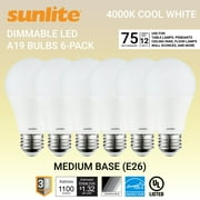 Sunlite LED A19 Standard Light Bulb 12 Watts (75W Equivalent), 1100 Lumens, Medium Base (E26), Dimmable, UL Listed, Energy Star, 4000K- Cool White, 6-Pack