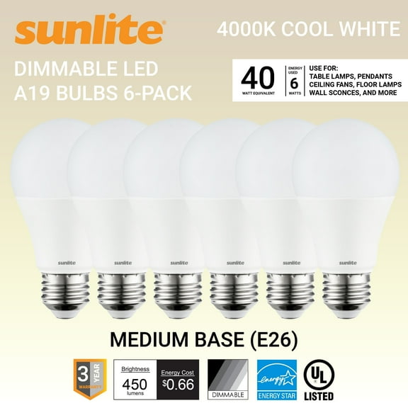 Sunlite LED A19 Standard Light Bulb, 6 Watts (40W Equivalent), 450 Lumens, 4000K Cool White, Dimmable, 6 Pack