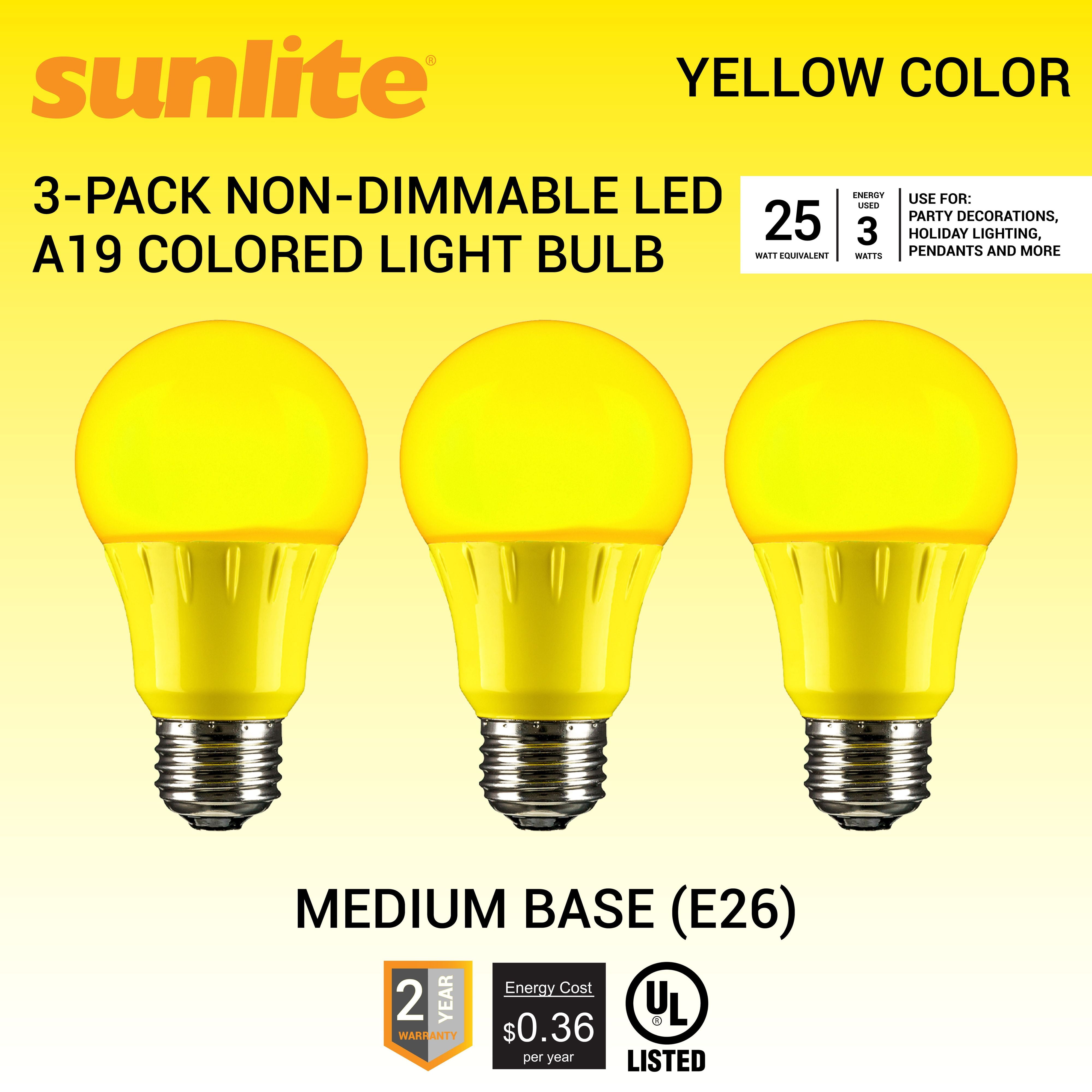 Sunlite LED A19 Yellow Colored Light Bulb 3W 25w Equivalent