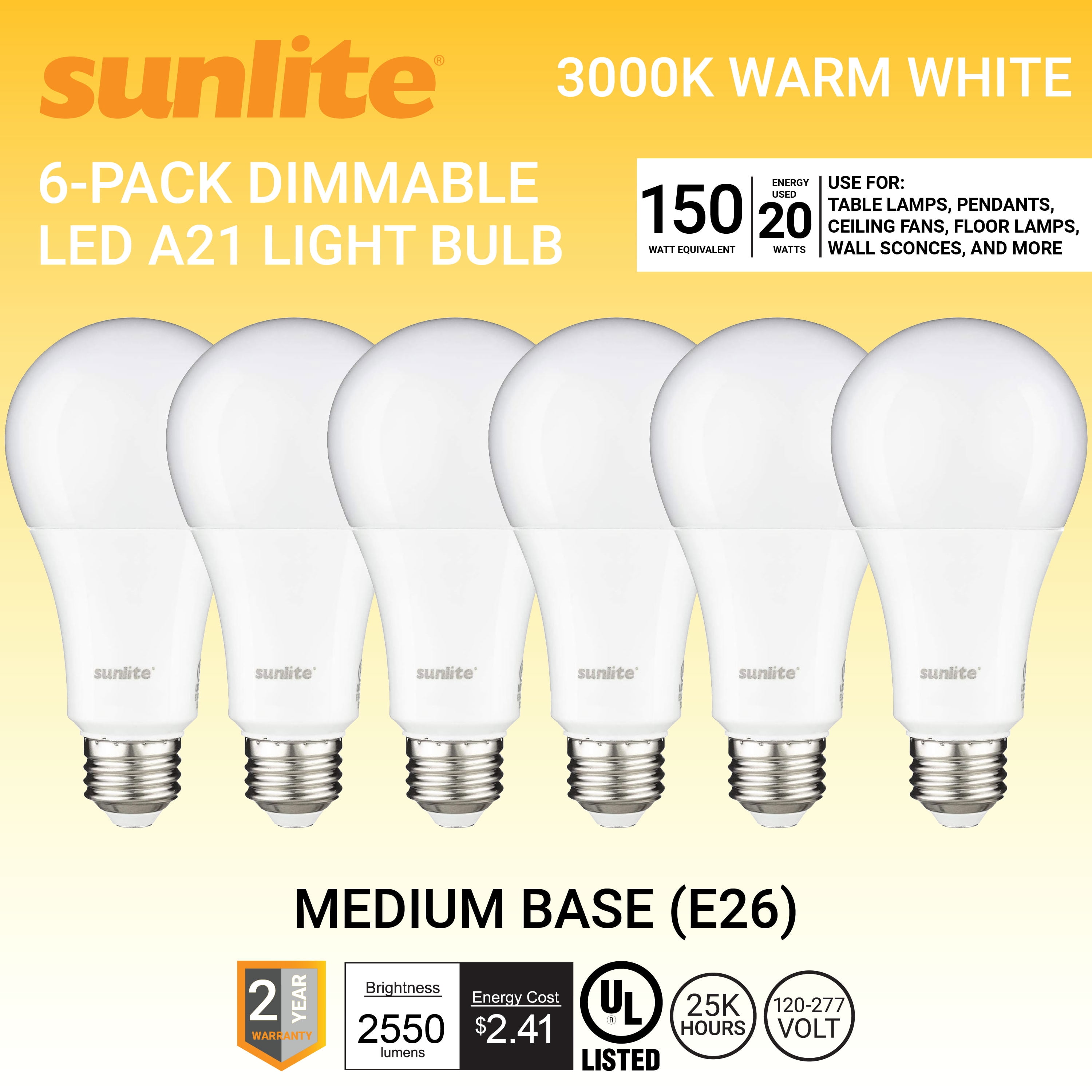 Sunlite LED A21 Light Bulb, 20 Watts (150W Equivalent), Medium E26 Base, Non-Dimmable,UL Listed, 3000K Soft White, 6-Pack