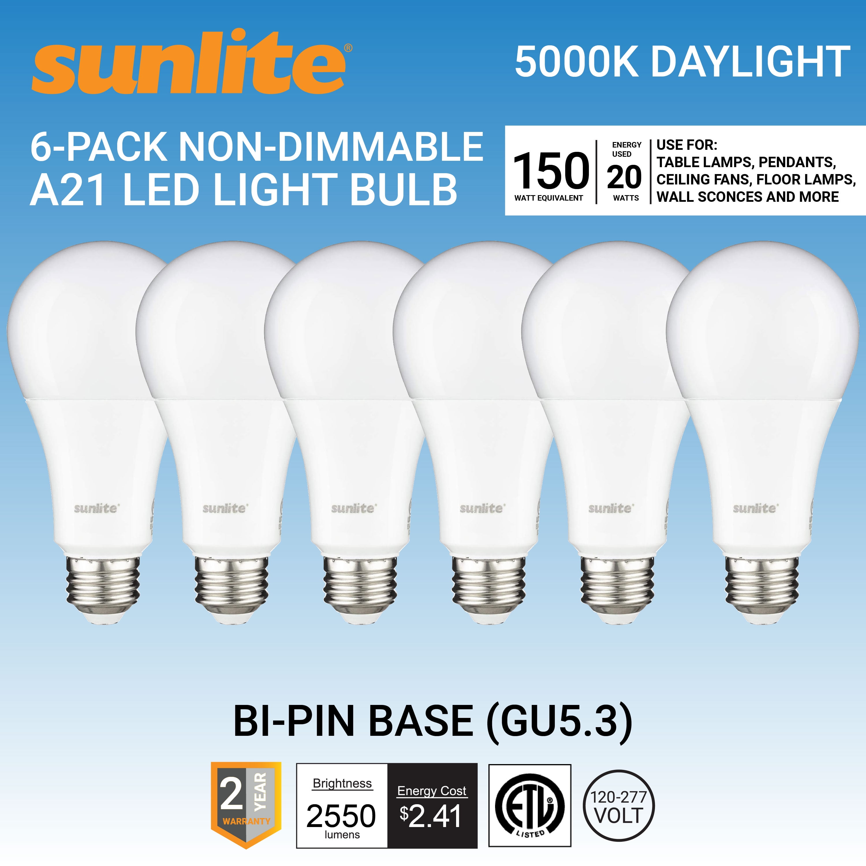 Sunlite LED A21 Light Bulb, 20 Watts (150W Equivalent), Medium E26 Base, Non-Dimmable,UL Listed, 5000K Super White, 6-Pack