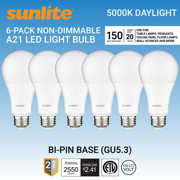 Sunlite LED A21 Light Bulb, 20 Watts (150W Equivalent), Medium E26 Base, Non-Dimmable,UL Listed, 5000K Super White, 6-Pack
