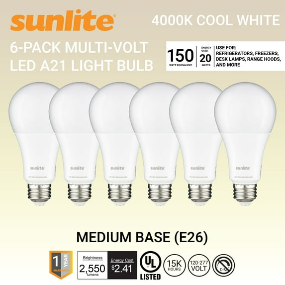 Sunlite LED A21 Light Bulb, 20 Watts (150w Equivalent), 2550 Lumens, Medium E26 Base, 120-227 Multi-Volt, Non-Dimmable, UL Listed, 180 Degree Beam Angle, 4000K Cool White, 6 Pack