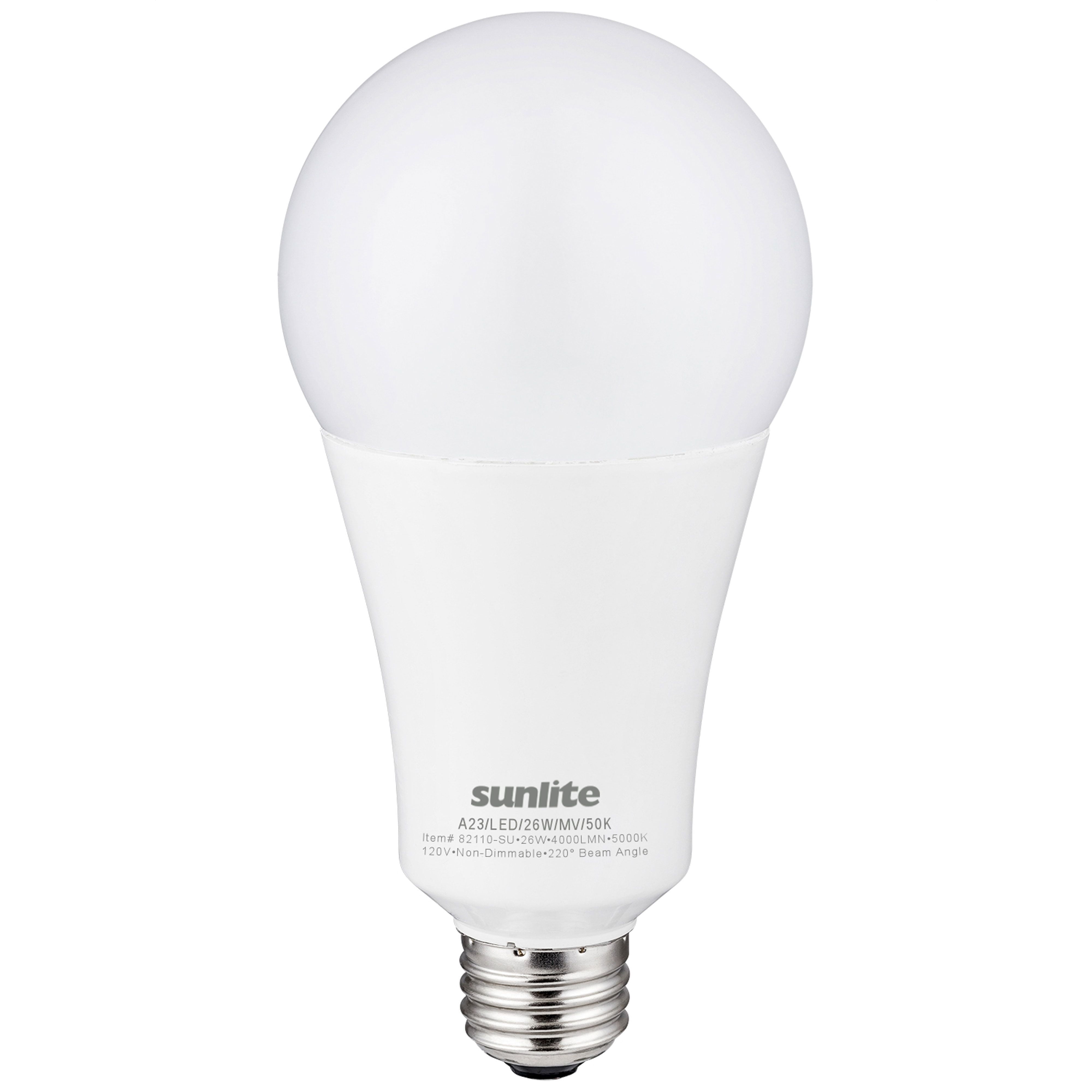 Sunlite LED A23 Light Bulb, 26 Watts (300W Equivalent), Medium E26 Base, Non-Dimmable,UL Listed, 5000K Daylight, 1-Pack