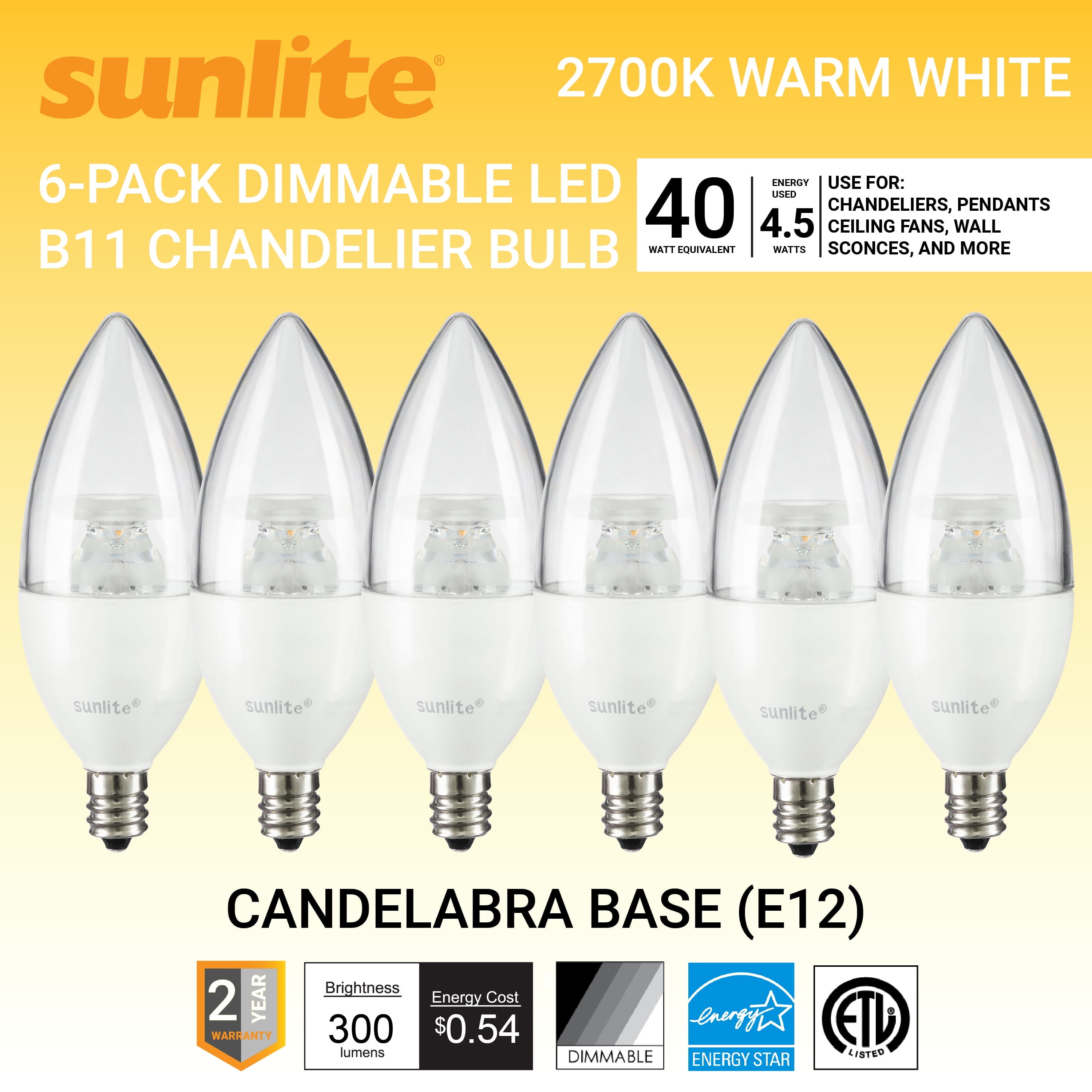 Sunlite LED B11 Clear Torpedo Tip Chandelier Light Bulb, 4.5 Watts (40W Equivalent), Candelabra E12 Base, Dimmable, 2700K Soft White, 6 Pack