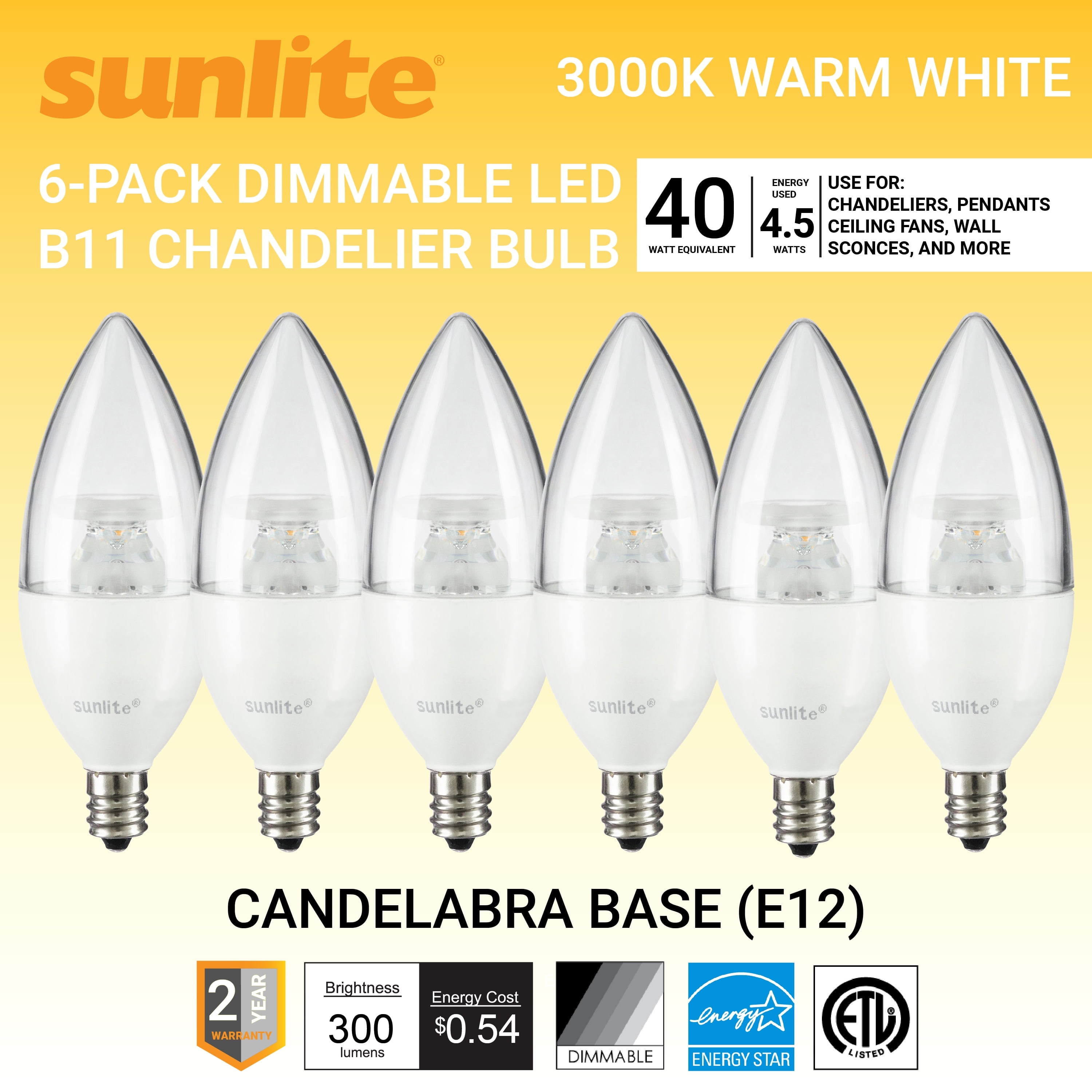 Sunlite LED B11 Clear Torpedo Tip Chandelier Light Bulb, 4.5 Watts (40W Equivalent), Candelabra E12 Base, Dimmable, 3000K Warm White, 6 Pack