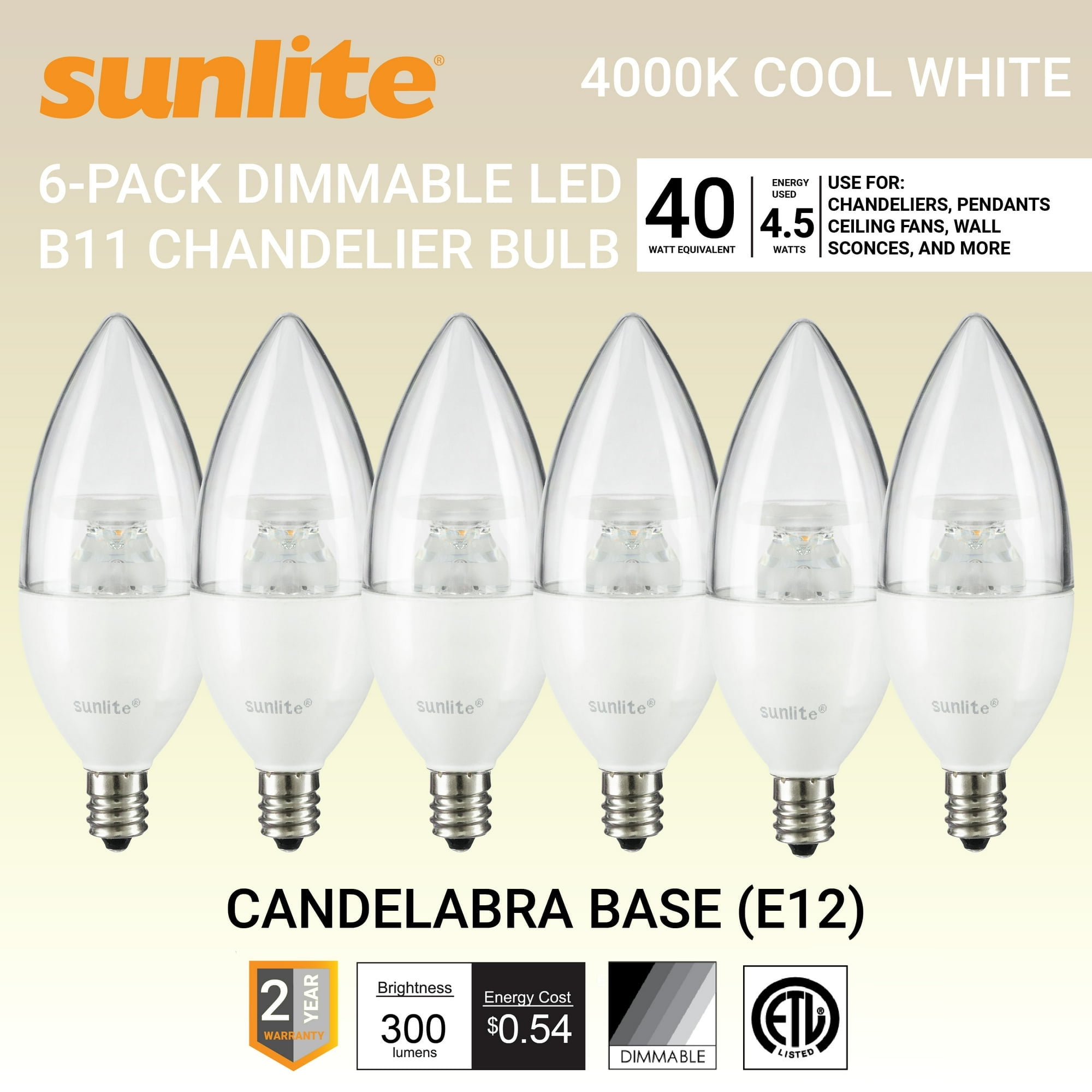 Sunlite LED B11 Clear Torpedo Tip Chandelier Light Bulb, 4.5 Watts (40W Equivalent), Candelabra E12 Base, Dimmable, 4000K Cool White, 6 Pack