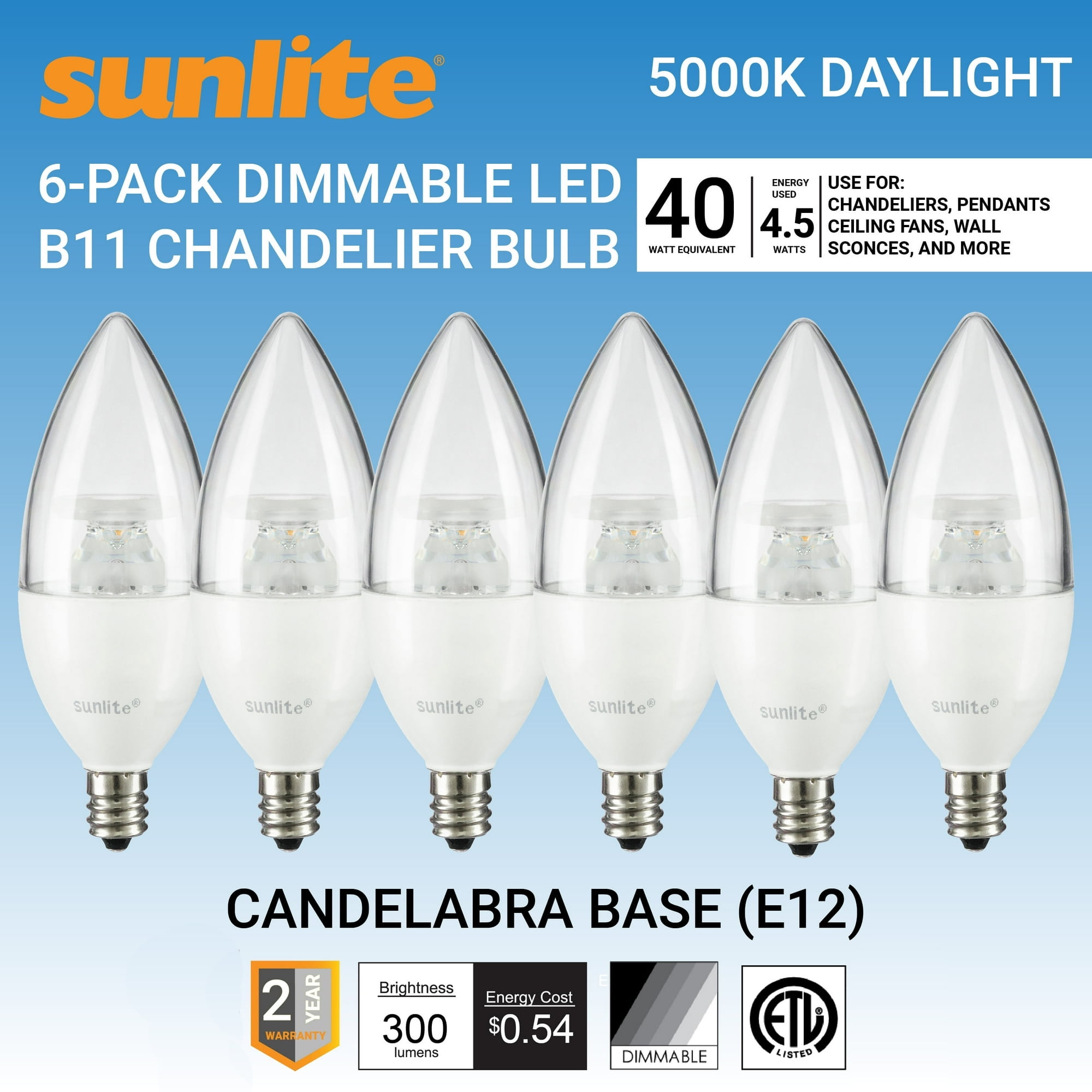 Sunlite LED B11 Clear Torpedo Tip Chandelier Light Bulb, 4.5 Watts (40W Equivalent), Candelabra E12 Base, Dimmable, 5000K Daylight, 6 Pack