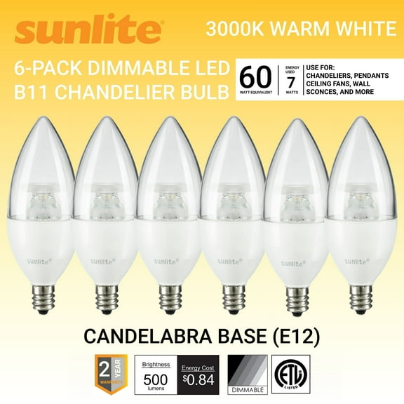 Sunlite LED B11 Clear Torpedo Tip Chandelier Light Bulb, 7 Watts (60W Equivalent), Candelabra E12 Base, Dimmable, 3000K Warm White, 6 Pack