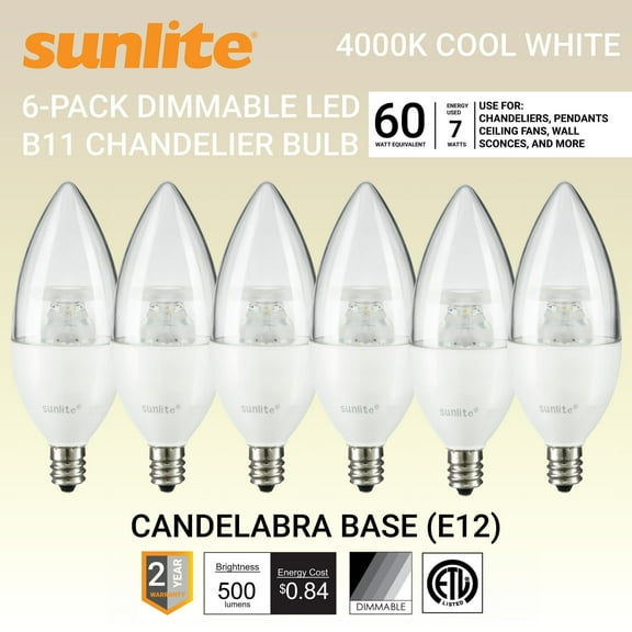 Sunlite LED B11 Clear Torpedo Tip Chandelier Light Bulb, 7 Watts (60W Equivalent), Candelabra E12 Base, Dimmable, 4000K Cool White, 6 Pack