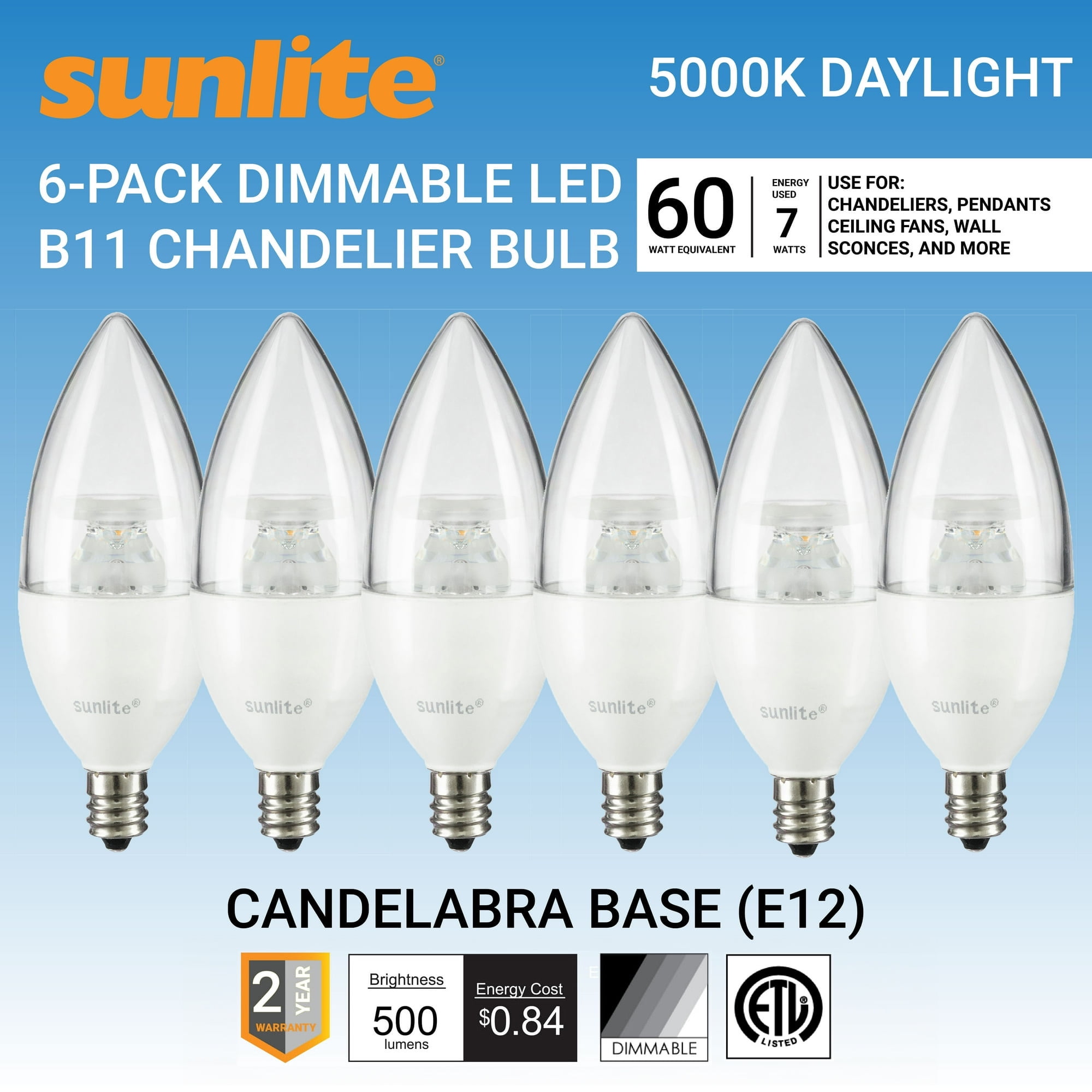 Sunlite LED B11 Clear Torpedo Tip Chandelier Light Bulb, 7 Watts (60W Equivalent), Candelabra E12 Base, Dimmable, 5000K Daylight, 6 Pack