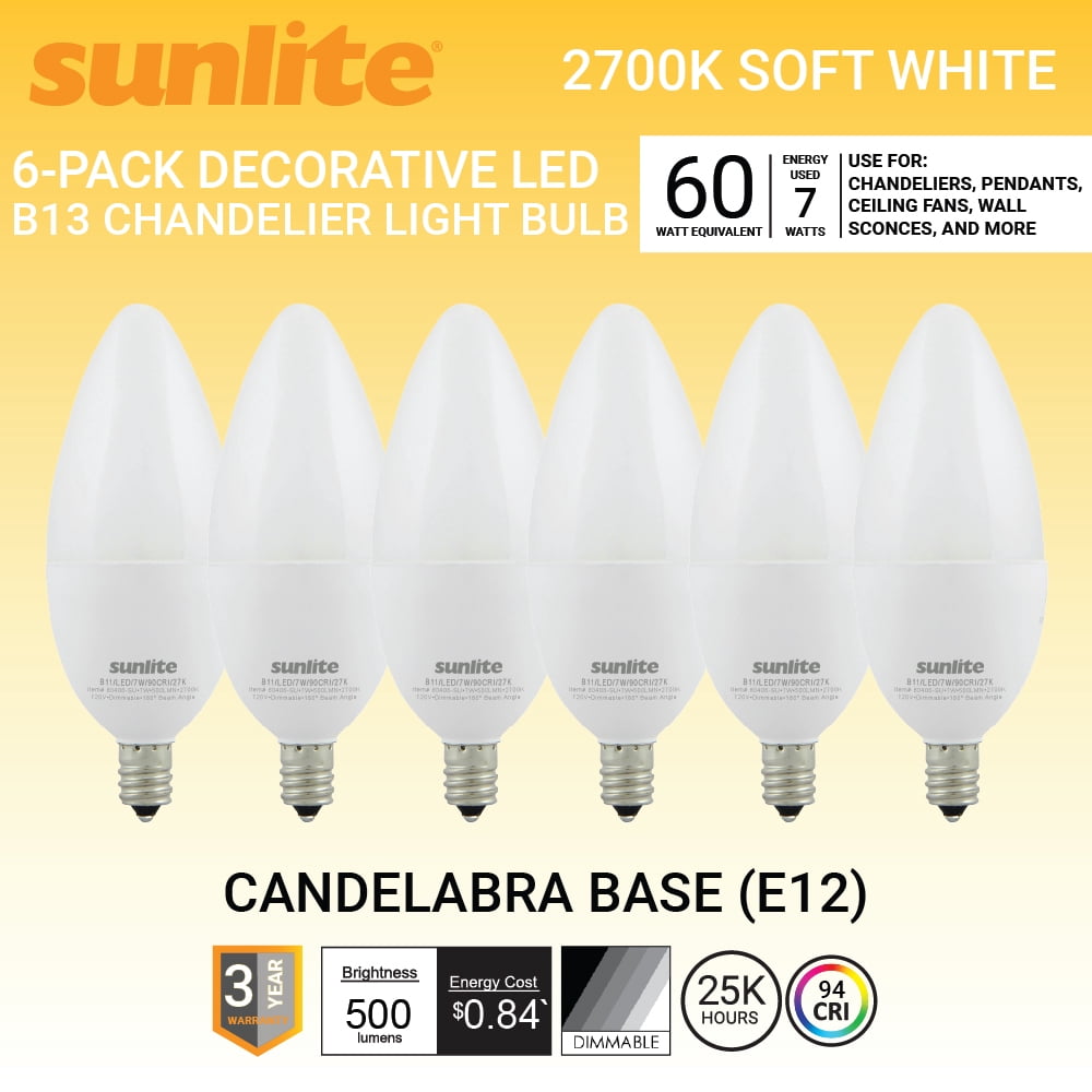 Sunlite LED B11 Decorative Chandelier Light Bulb, 7 Watts (60W=), 500 Lumens, 120 Volts, Dimmable, E12 Base, 90 CRI, ETL Listed, Torpedo Frosted, Title-20, 2700K Soft White, 6 Pack