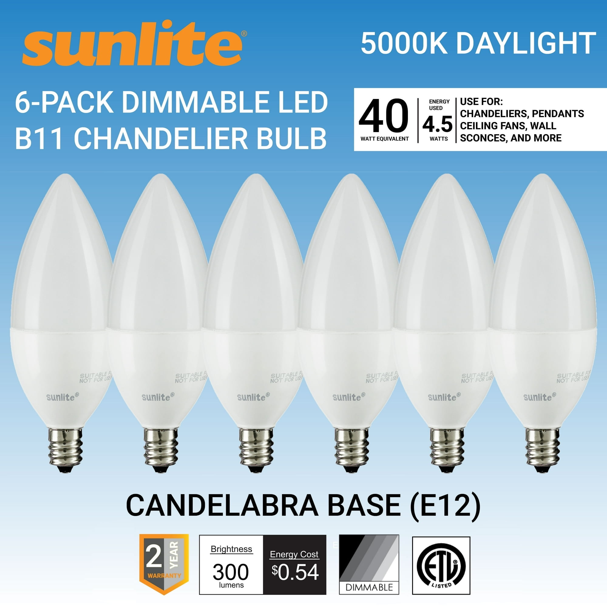 Sunlite LED B11 Frosted Torpedo Tip Chandelier Light Bulb, 4.5 Watts (40W Equivalent), Candelabra E12 Base, Dimmable, 5000K Daylight, 6 Pack