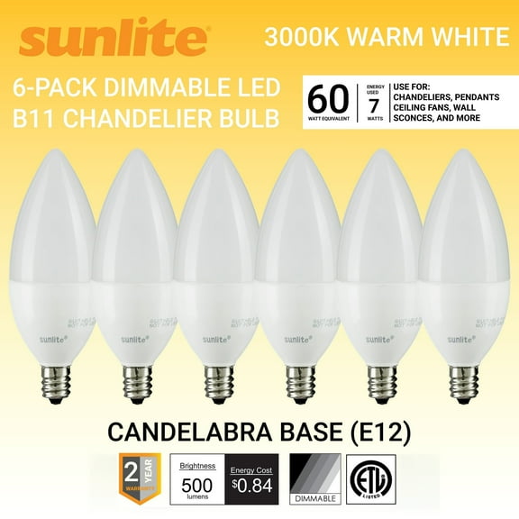 Sunlite LED B11 Frosted Torpedo Tip Chandelier Light Bulb, 7 Watts (60W Equivalent), Candelabra E12 Base, Dimmable, 3000K Warm White, 6 Pack