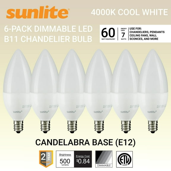 Sunlite LED B11 Frosted Torpedo Tip Chandelier Light Bulb, 7 Watts (60W Equivalent), Candelabra E12 Base, Dimmable, 4000K Cool White, 6 Pack