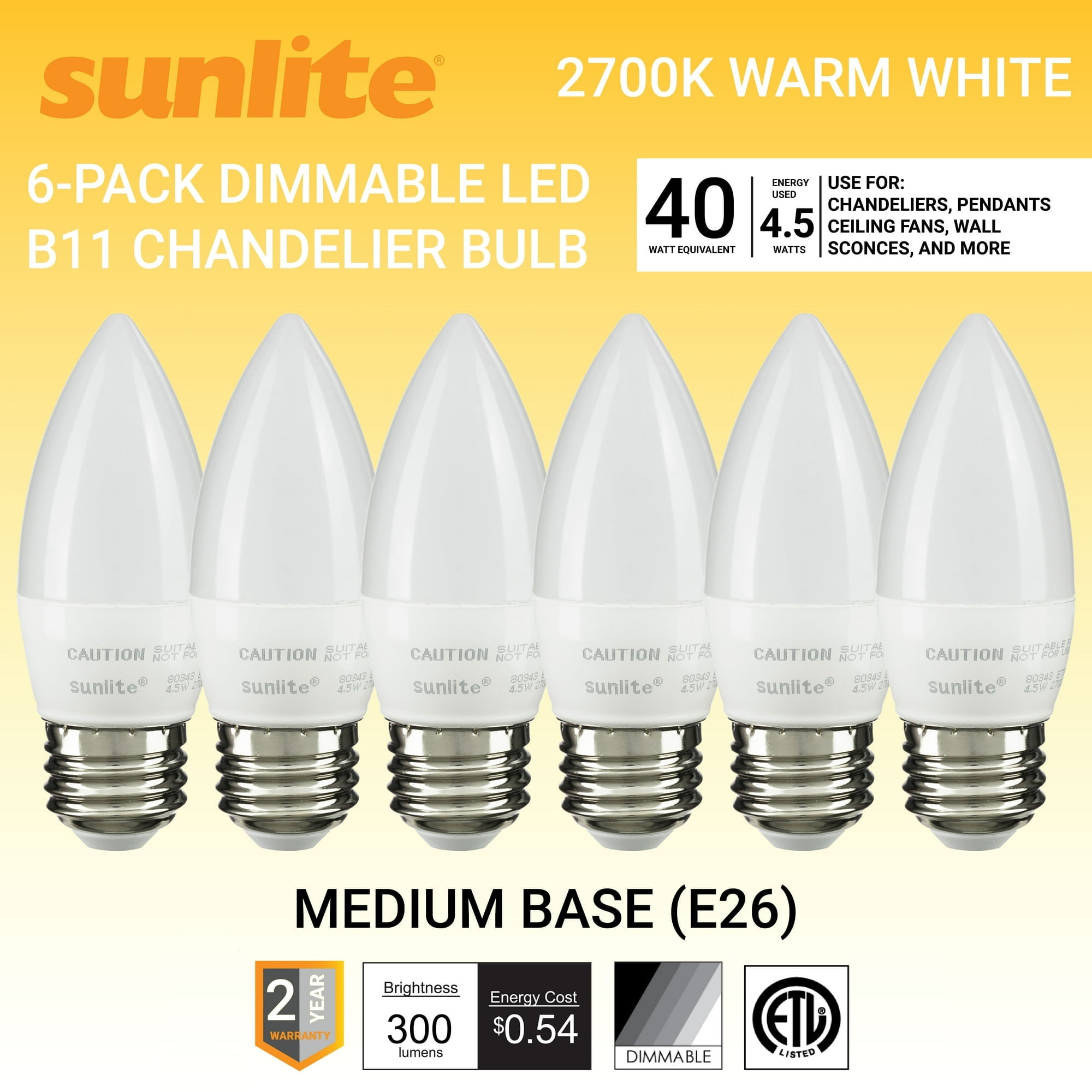 Sunlite LED B11 Torpedo Tip Chandelier Light Bulb, 4.5 Watts (40W Equivalent), Medium E26 Base, Dimmable, 2700K Soft White, Frosted, 6 Pack