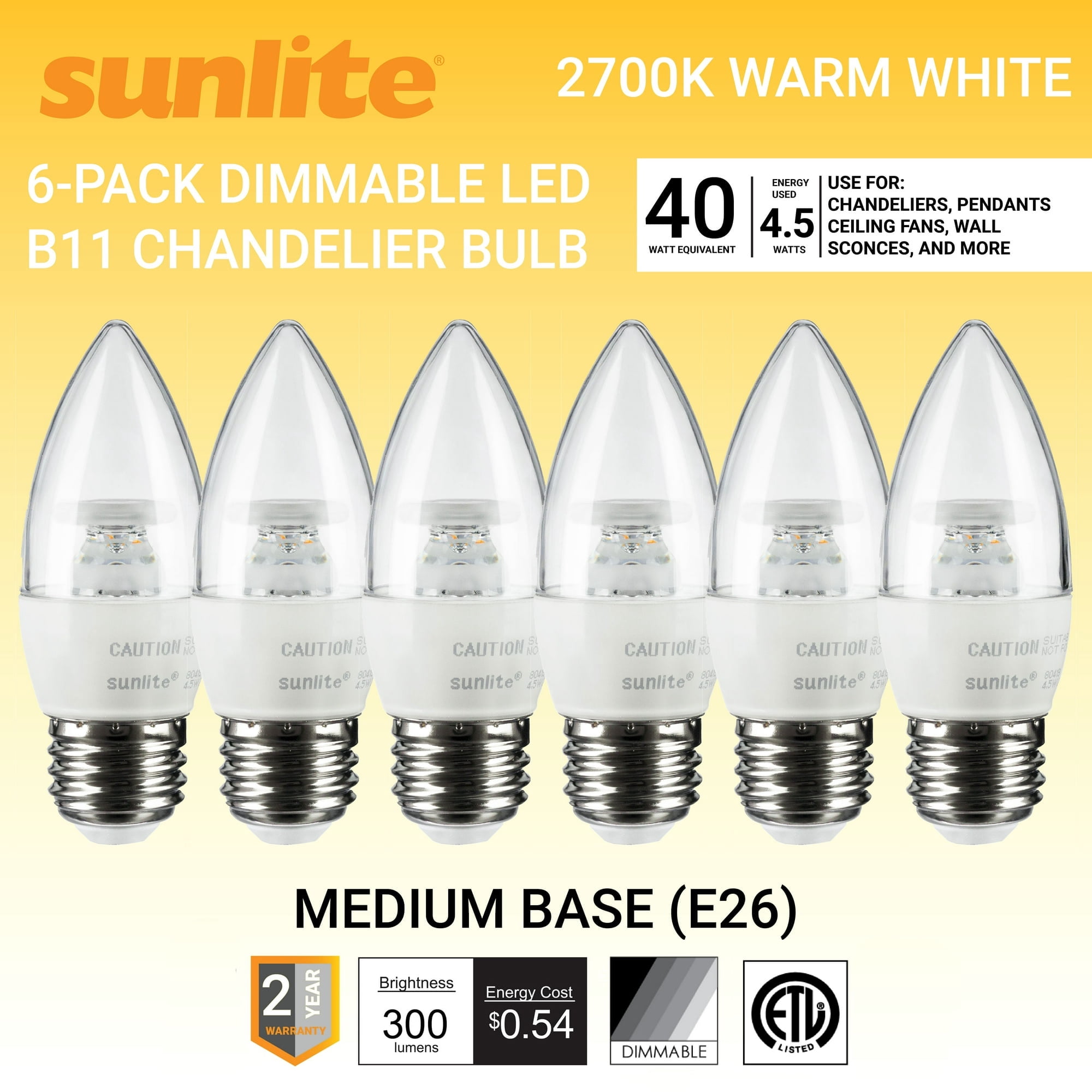 Sunlite LED B11 Torpedo Tip Chandelier Light Bulb, 4.5 Watts (40W Equivalent), Medium E26 Base, Dimmable, 2700K Warm White, Clear, 6 Pack