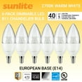 thumbnail image 1 of Sunlite LED B11 Torpedo Tip Chandelier Light Bulb, 5 Watts (40W Equivalent), European E14 Base, Dimmable, 2700K Warm White, Clear, 6 Pack, 1 of 6