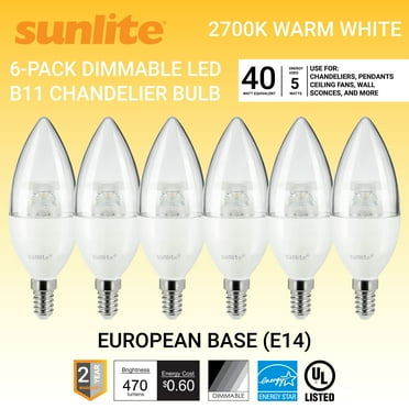 Sunlite LED B11 Torpedo Tip Chandelier Light Bulb, 5 Watts (40W Equivalent), European E14 Base, Dimmable, 2700K Warm White, Clear, 6 Pack