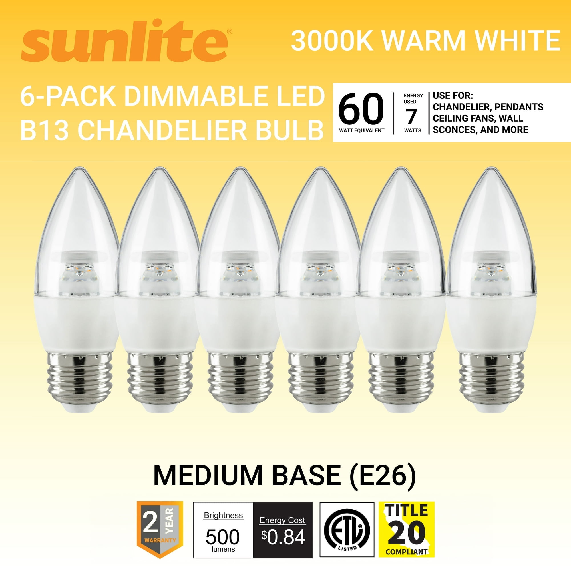 Sunlite LED B13 Decorative Chandelier Light Bulb, 7 Watts (60W=), 500 Lumens, 120 Volts, Dimmable, E26 Base, 90 CRI, ETL Listed, Torpedo Clear, Title-20, 3000K Warm White, 6 Pack