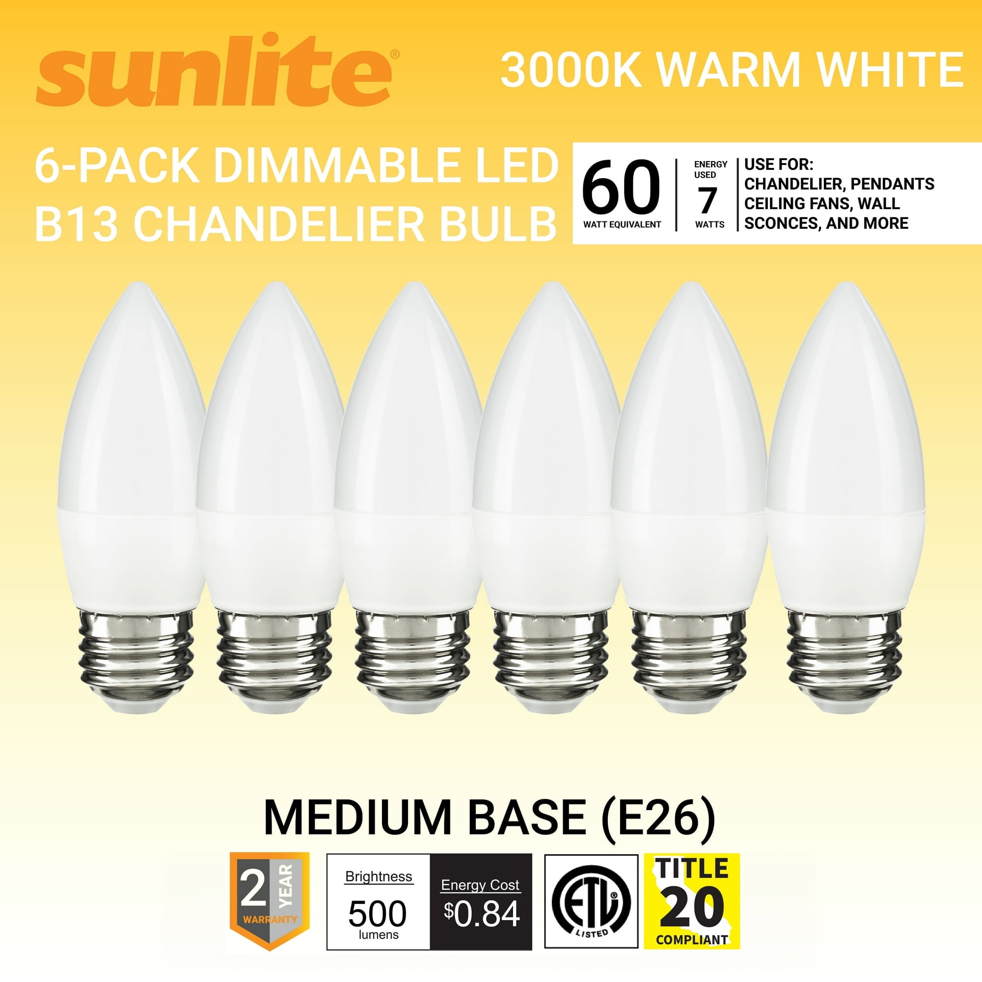 Sunlite LED B13 Decorative Chandelier Light Bulb, 7 Watts (60W=), 500 Lumens, 120 Volts, Dimmable, E26 Base, 90 CRI, ETL Listed, Torpedo Frosted, Title-20, 3000K Warm White, 6 Pack
