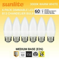 Sunlite LED B13 Decorative Chandelier Light Bulb, 7 Watts (60W=), 500 Lumens, 120 Volts, Dimmable, E26 Base, 90 CRI, ETL Listed, Torpedo Frosted, Title-20, 3000K Warm White, 6 Pack