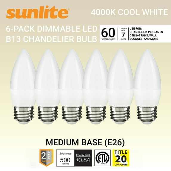 Sunlite LED B13 Decorative Chandelier Light Bulb, 7 Watts (60W=), 500 Lumens, 120 Volts, Dimmable, E26 Base,  90 CRI, ETL Listed, Torpedo Frosted, Title-20, 4000K Cool White, 6 Pack