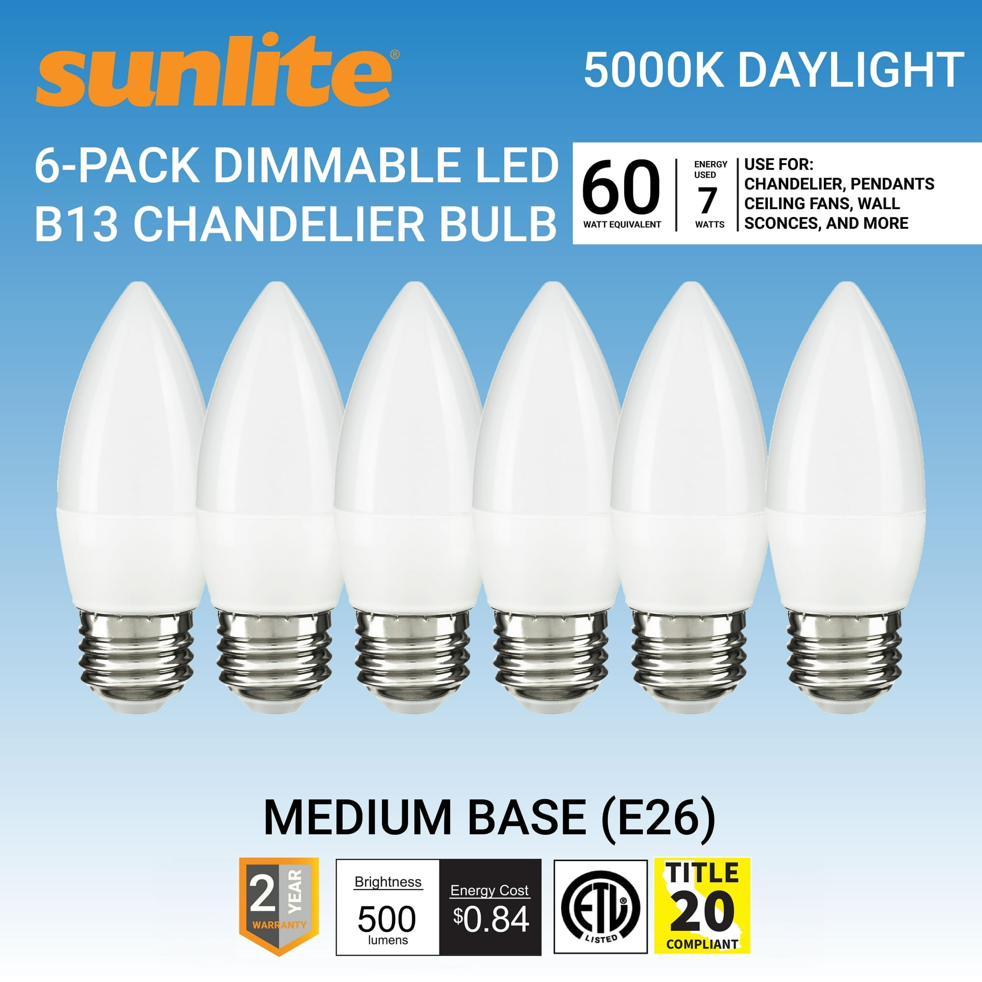 Sunlite LED B13 Decorative Chandelier Light Bulb, 7 Watts (60W=), 500