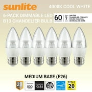 Sunlite LED B13 Decorative Chandelier Light Bulb, 7 Watts (60W=), 500 Lumens, 120 Volts, Dimmable, E26 Base, Energy Star, 90 CRI, ETL Listed, Torpedo Clear, Title-20, 4000K Cool White, 6 Pack