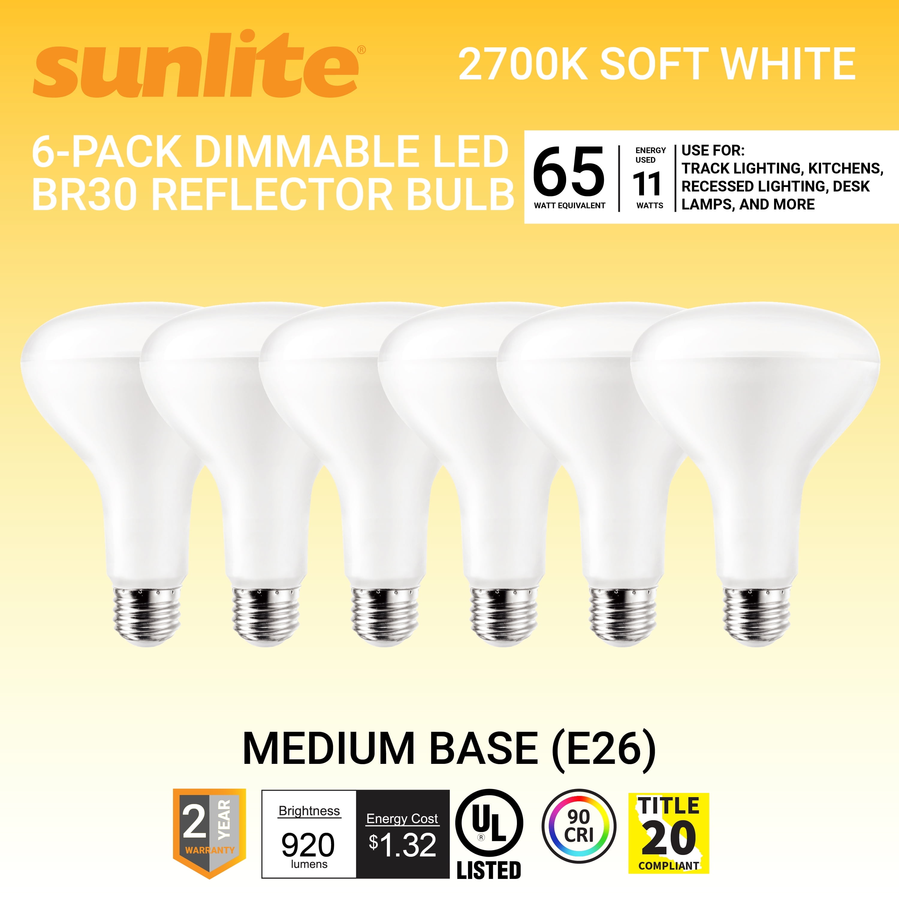Sunlite LED BR30 Light Bulb, 11W (65W Equivalent), 920 Lumens, 2700K Soft White, Dimmable, Medium E26 Base, Title-20 Compliant, 6-Pack