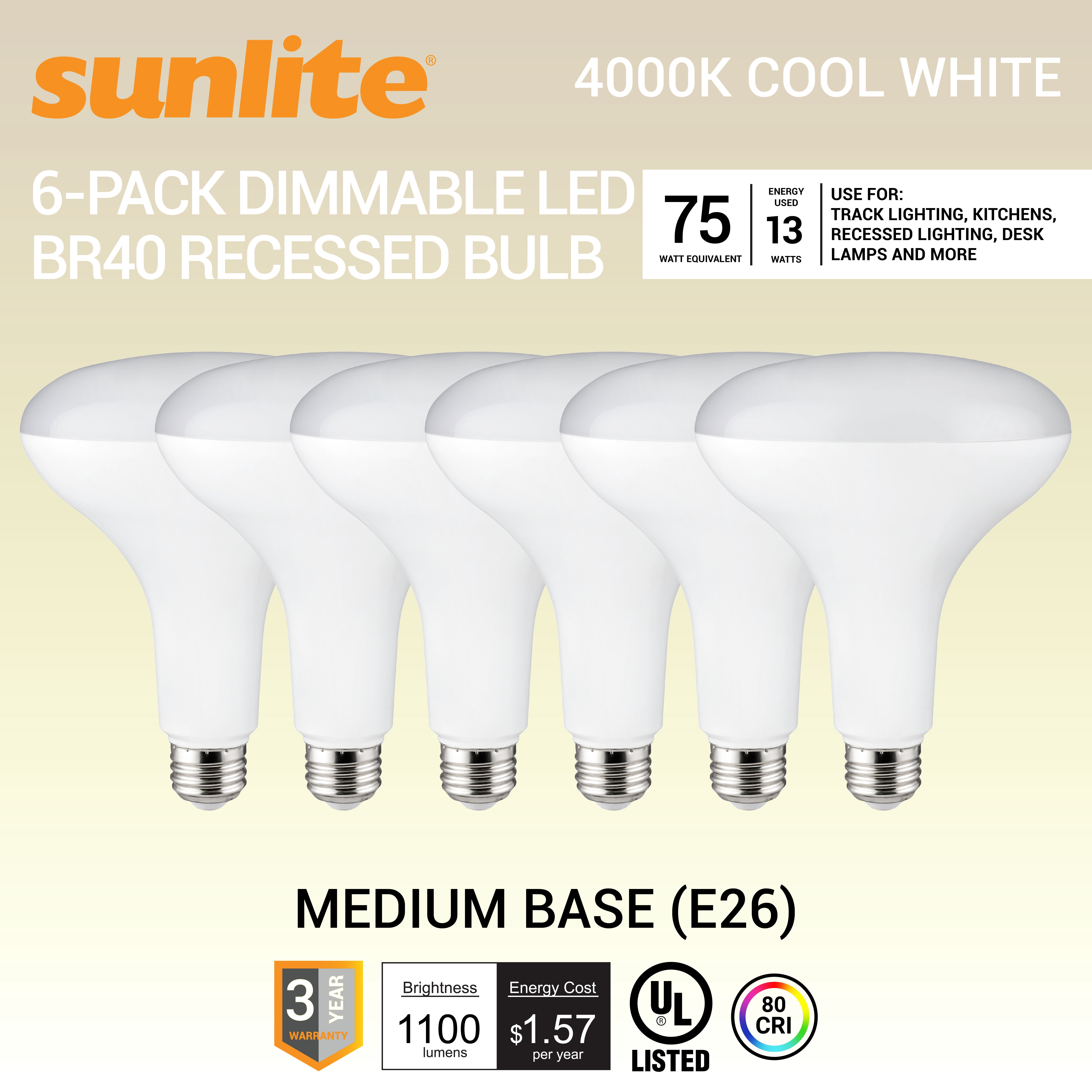 Sunlite LED BR40 Recessed Light Bulb, 13 Watts (75W Equivalent), Medium ...