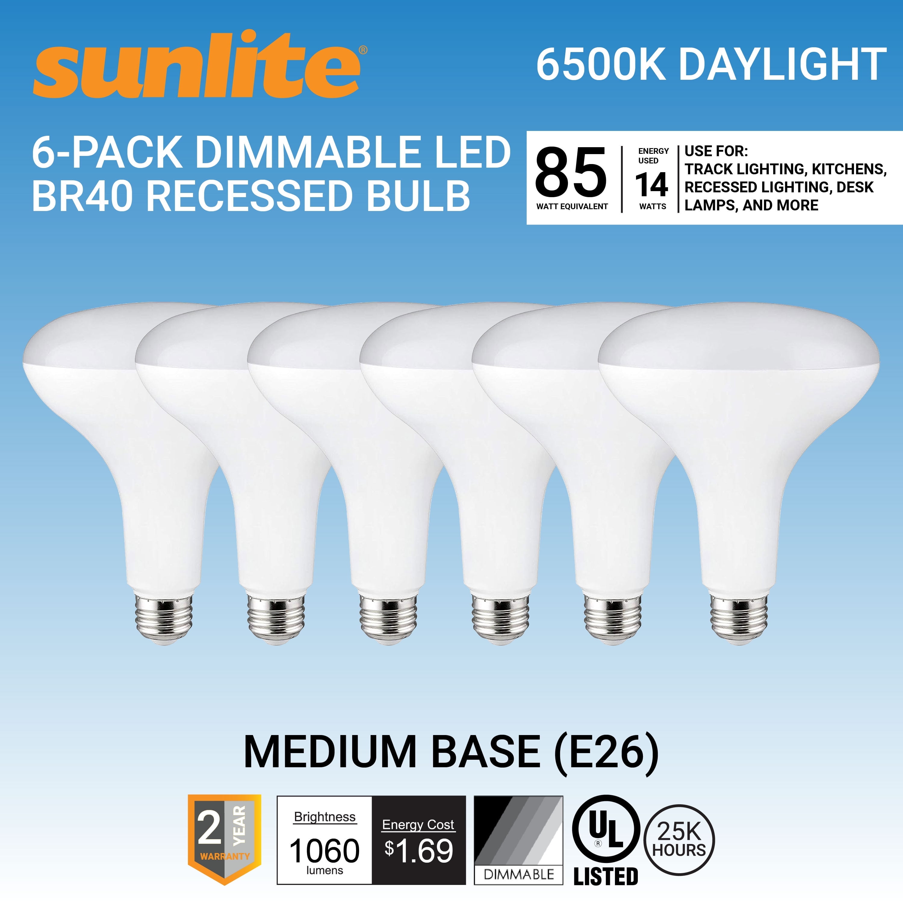 Sunlite LED BR40 Recessed Light Bulb, 14 Watts (85W Equivalent), Medium E26 Base, Dimmable,UL Listed, 6500K Daylight, 6-Pack