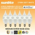 thumbnail image 1 of Sunlite LED CA11 Clear Chandelier CFC Light Bulb, 4.5 Watts (40W=), 300 Lumens, 120 Volts, Dimmable, Candelabra E12 Base, 90 CRI, ETL Listed, Flame Tip, 2700K Warm White, 6 Pack, 1 of 5