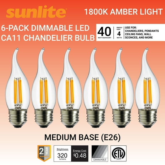Sunlite LED CA11 Flame Tip Chandelier Light Bulb, 4 Watts (40W Equivalent), Medium E26 Base, Dimmable, Edison Style, 1800K Candle Light, 6 Pack
